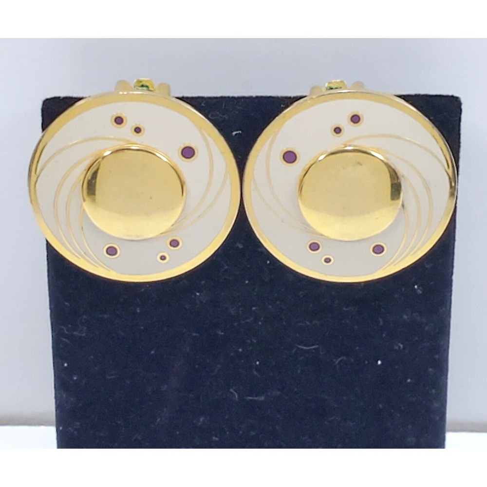 Vintage Art Deco Isle of Skye Signed Gold Tone White Enamel Celestial Earrings